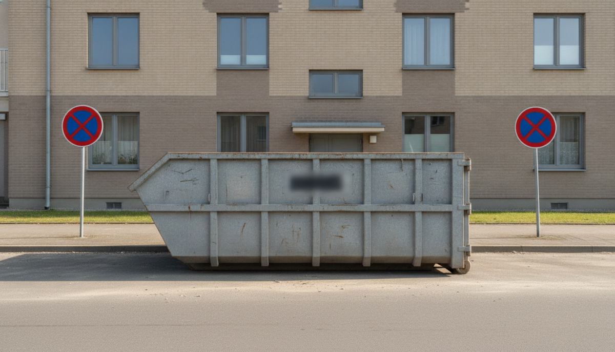 Absetzcontainer am Strassenrand mit Halteverbotsschildern