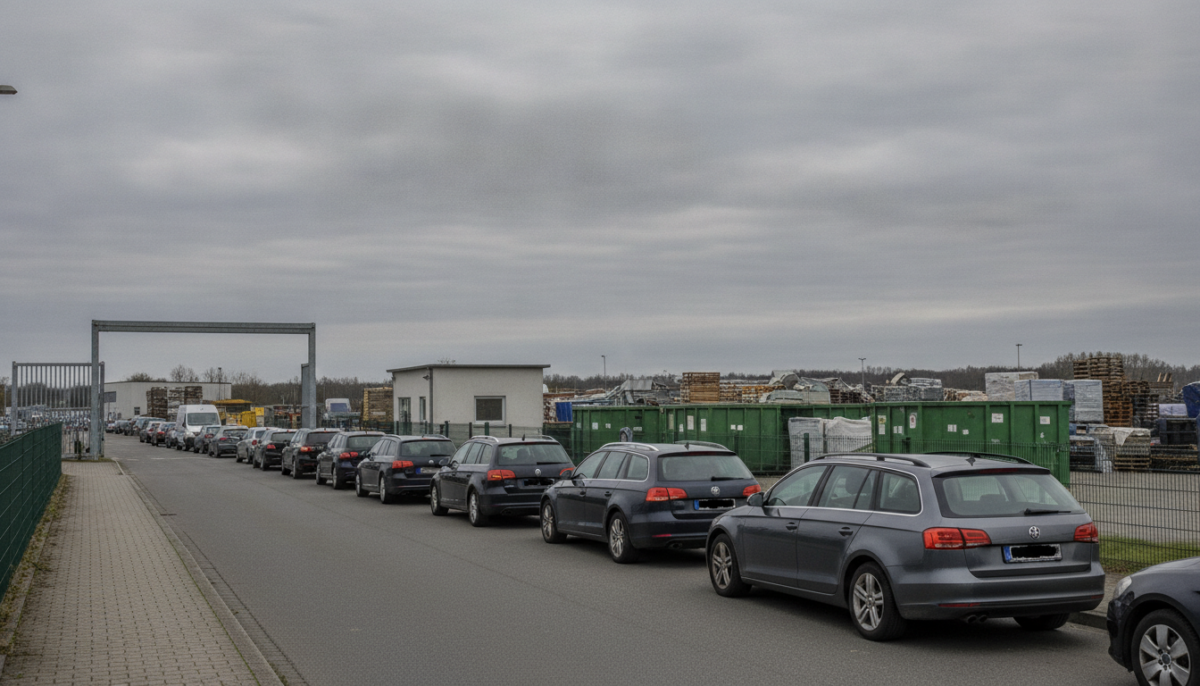 Autoschlange vor der Einfahrt eines Wertstoffhofs