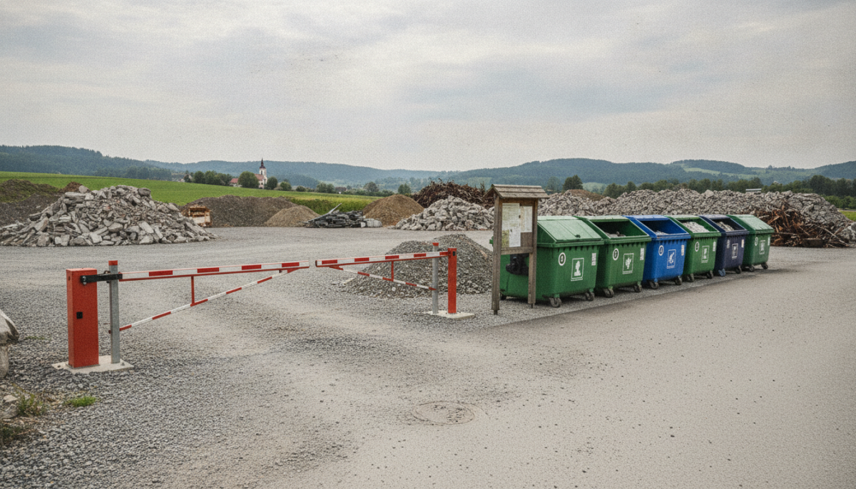 Bauschuttdeponie mit Schranke und Wertstoffcontainern