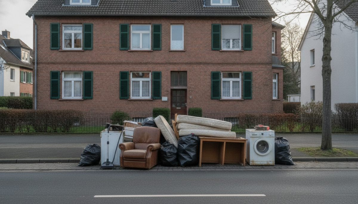 Bereitgestellter Sperrmuell am Strassenrand am fruehen Morgen