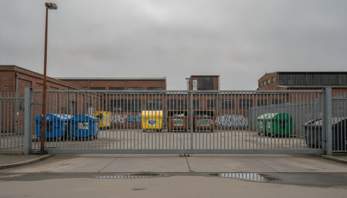 Wertstoffhof mit geschlossenem Tor und Containern