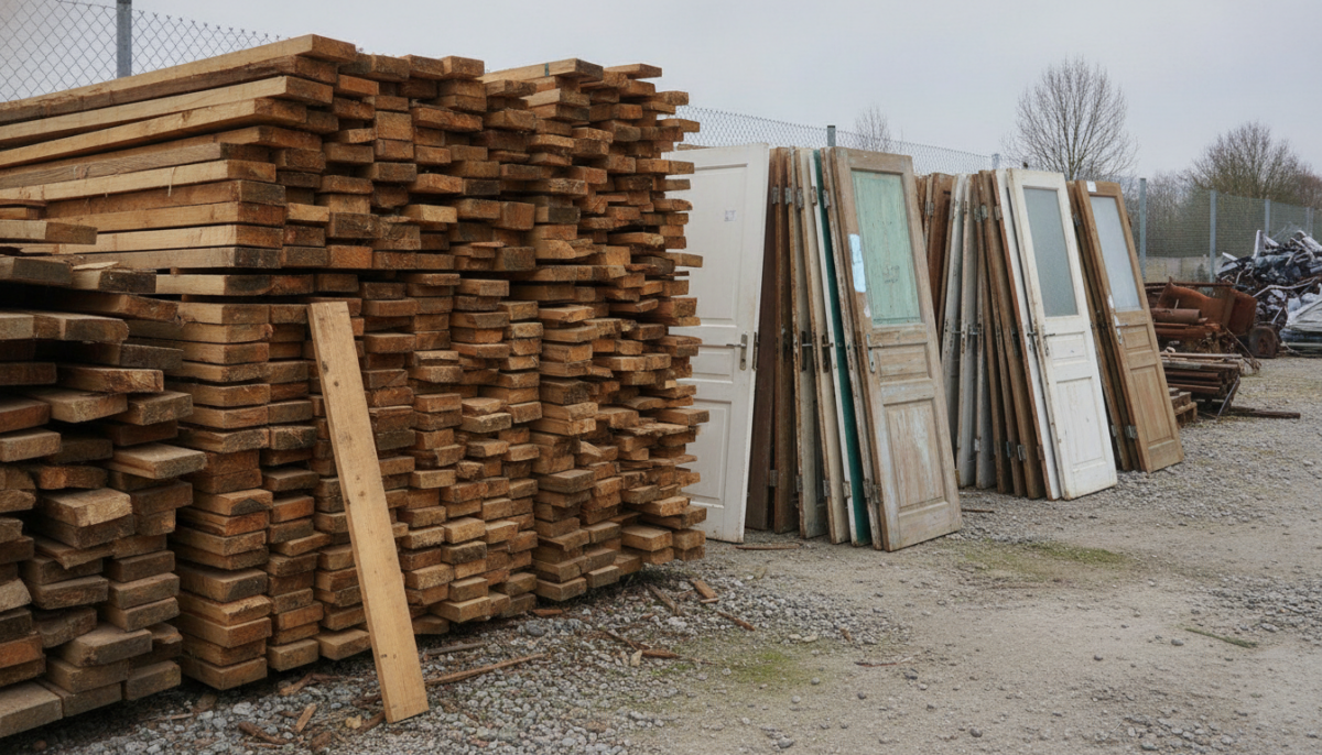 Gestapelte Holzbretter und alte Tueren getrennt sortiert