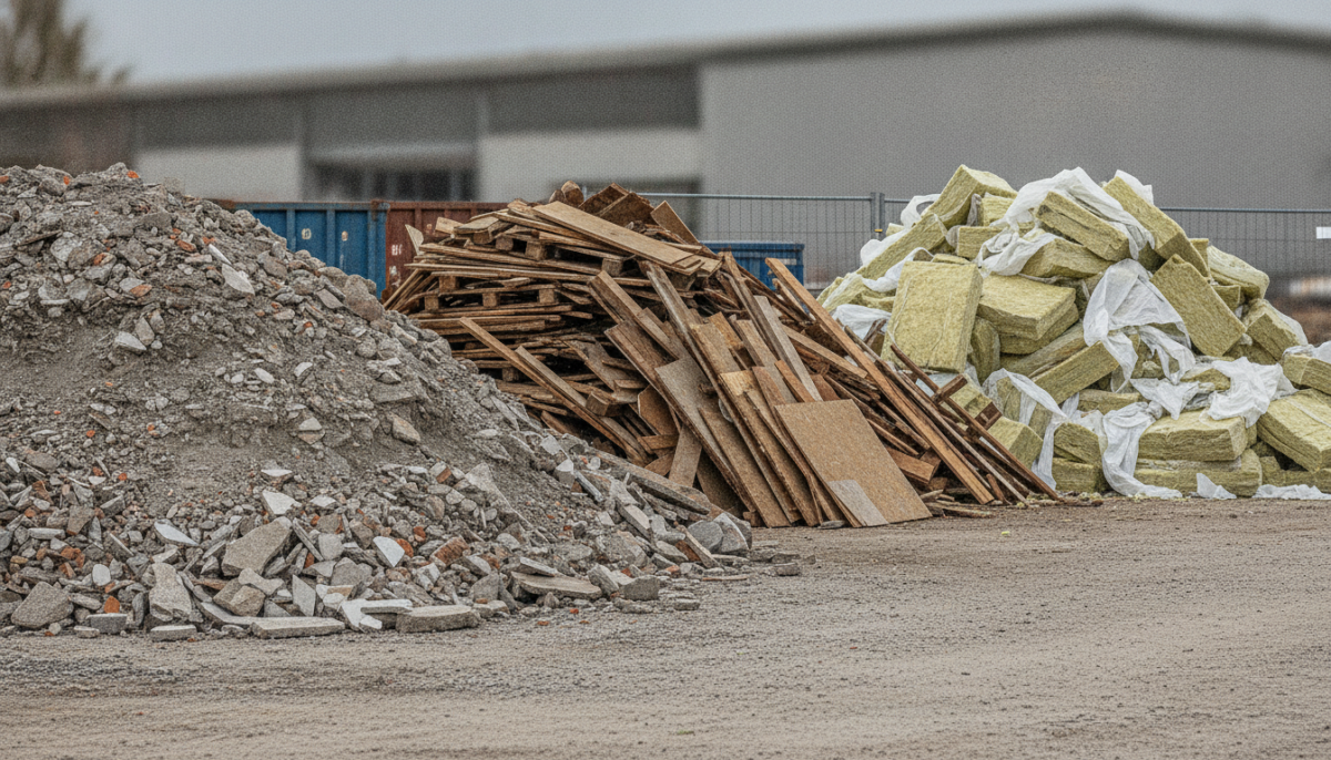 Getrennt sortierte Haufen von Bauschutt, Holz und Daemmmaterial