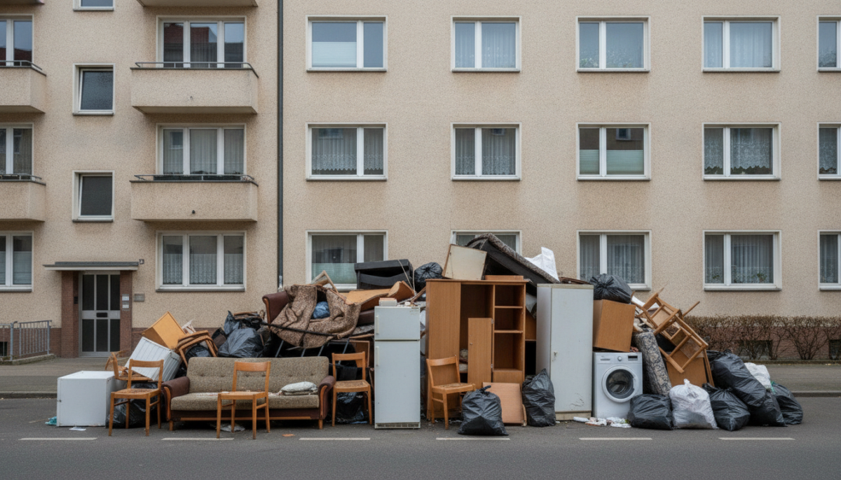 Grosse Menge Sperrmuell vor einem Wohnhaus