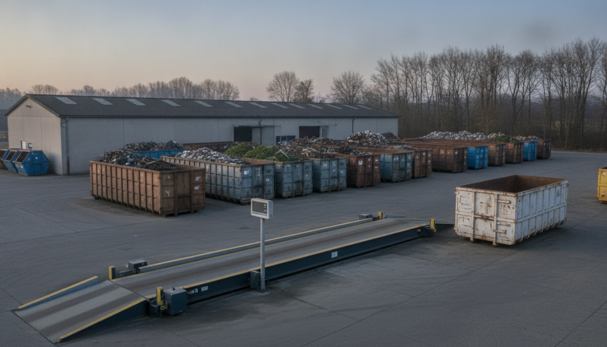 Grosser Entsorgungsstandort mit Waage und Containern