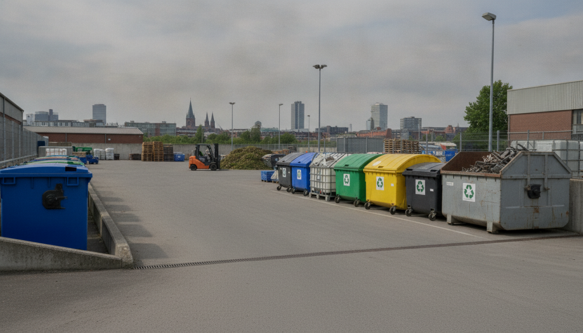 Staedtischer Recyclinghof mit Rampe und Sammelcontainern