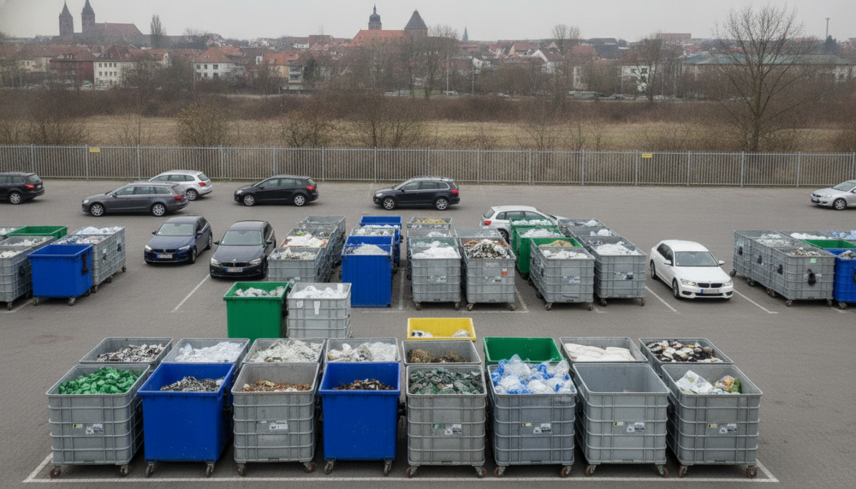 Staedtischer Wertstoffhof mit Sammelcontainern und anliefernden Autos