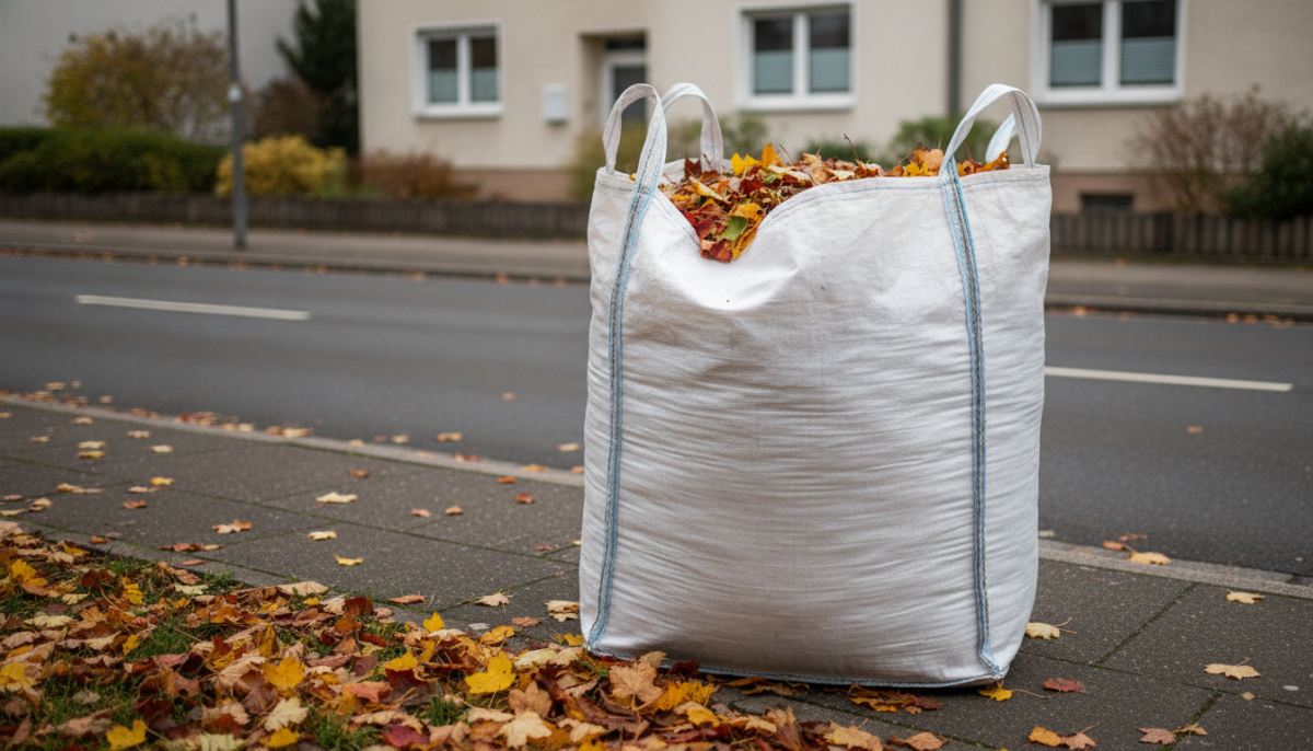 Mit Laub gefuellter Big Bag am Strassenrand vor einem Wohnhaus