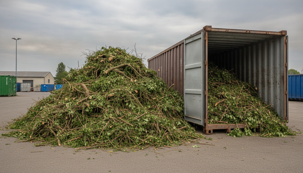 Heckenschnitt und Aeste neben einem Sammelcontainer