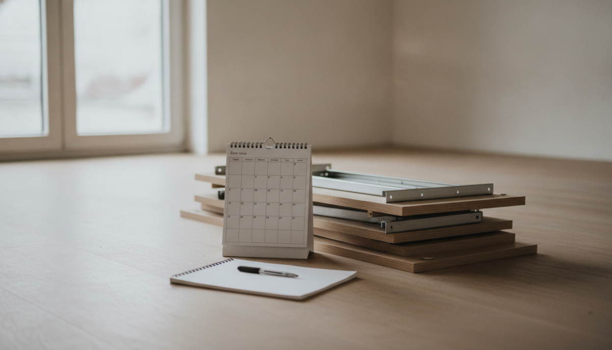 Kalender und Notizen neben gestapelten Moebelteilen