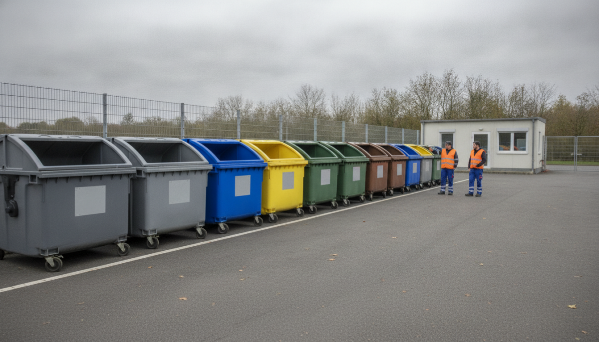 Containerreihe auf einer kommunalen Wertstoffsammelstelle