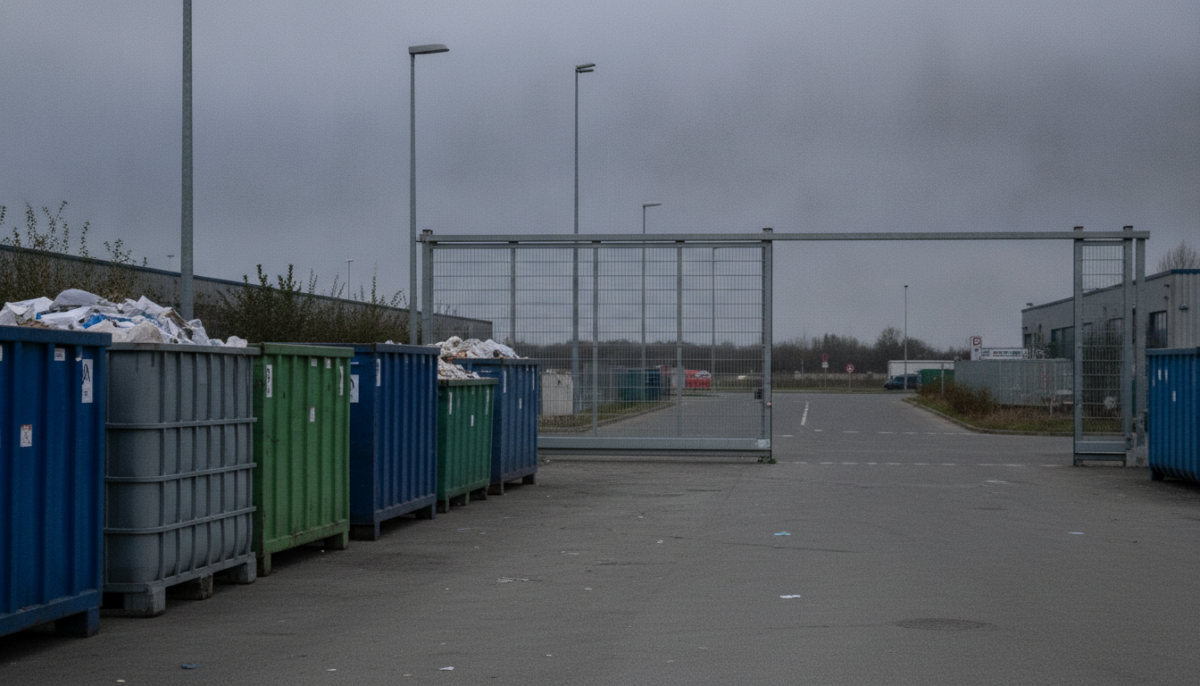 Kommunaler Wertstoffhof mit Containern und Tor