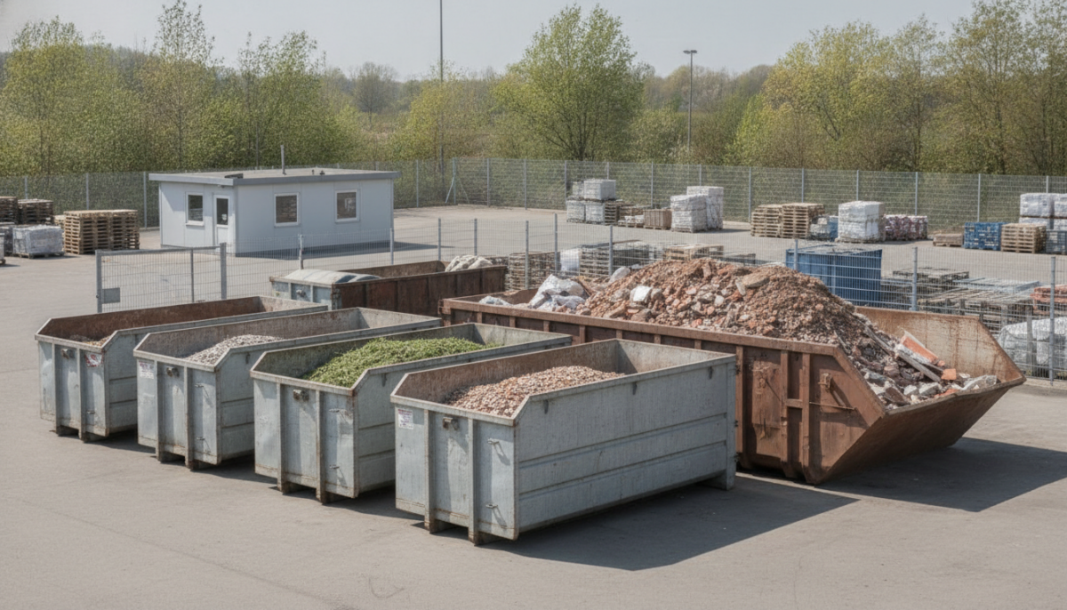 Kommunaler Wertstoffhof mit Containern und Bauschuttmulde