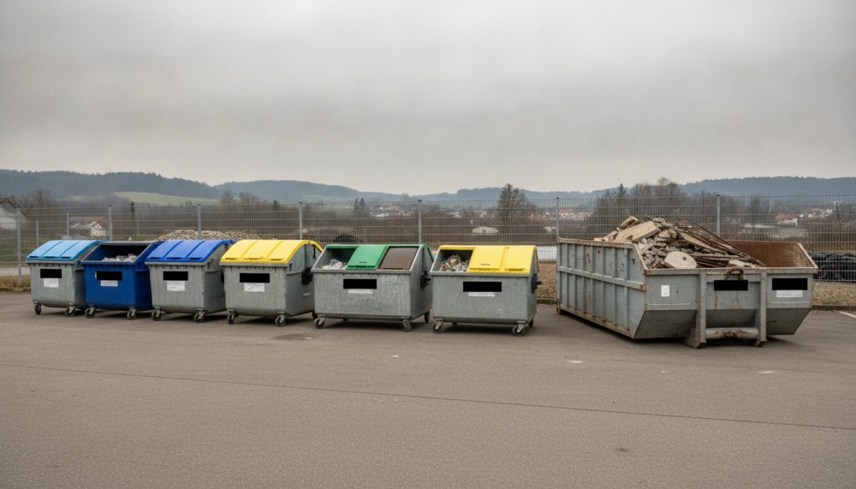 Kommunaler Wertstoffhof mit Containern und Bauschuttmulde