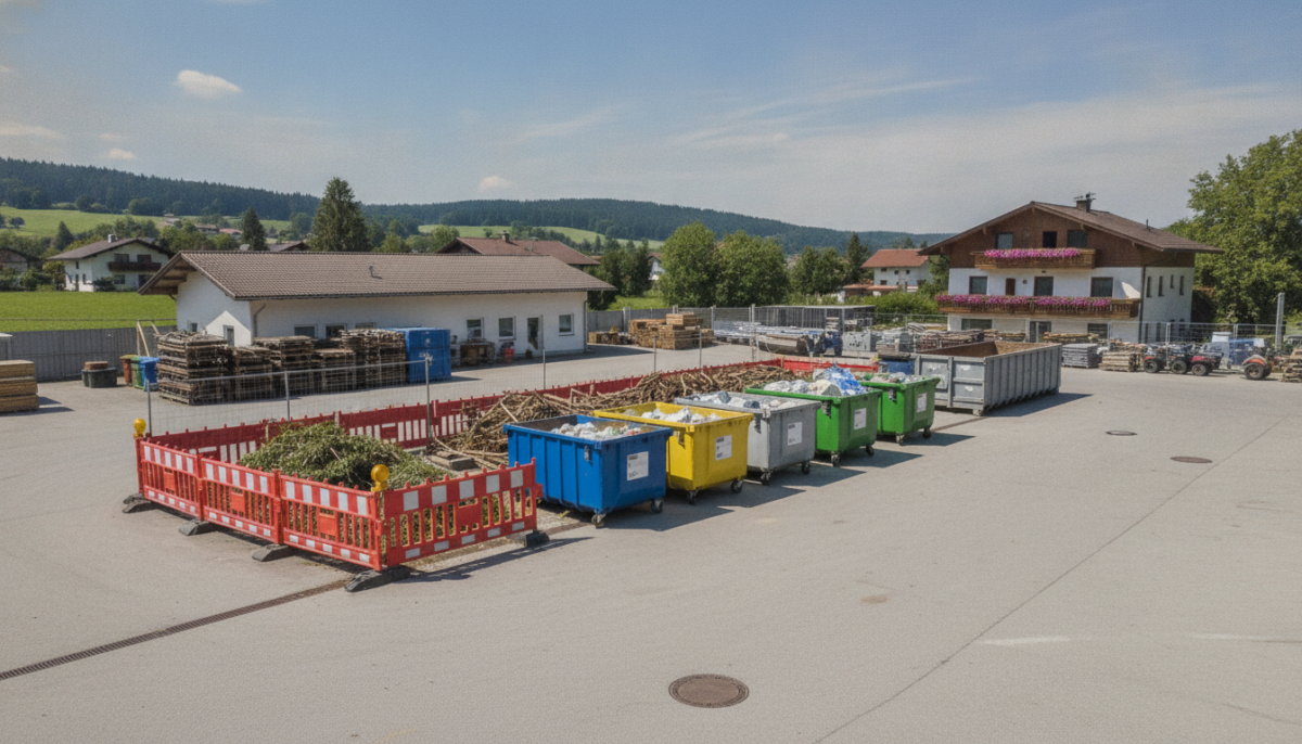 Kommunaler Wertstoffhof mit Containern und Absperrung