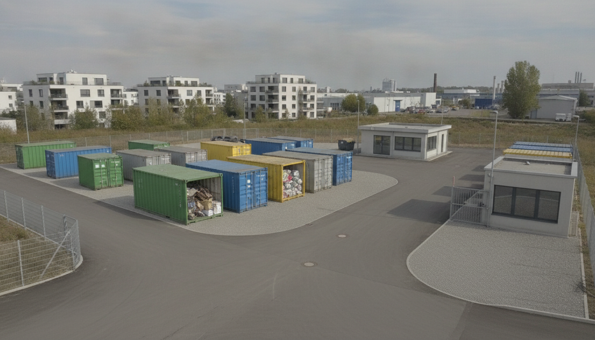 Kommunaler Wertstoffhof mit Containern und Zufahrt
