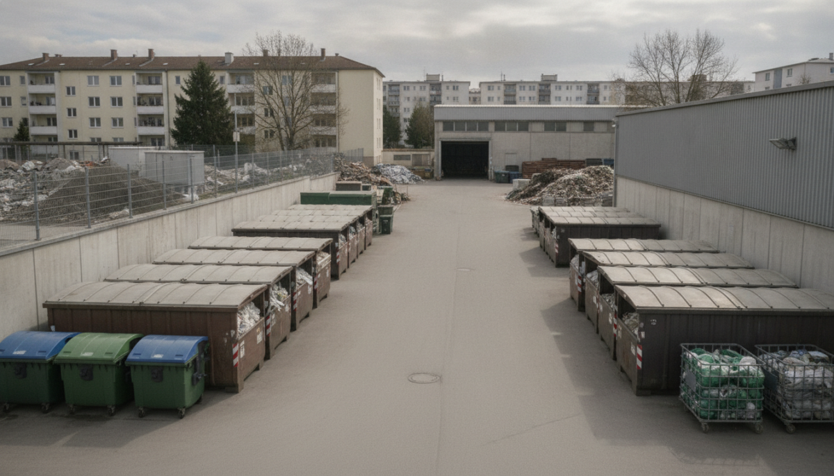 Kommunaler Wertstoffhof mit Containern und Zufahrt