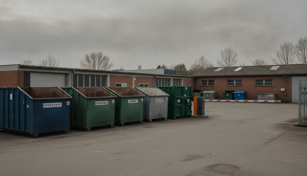 Kommunaler Wertstoffhof mit Containern und Schranke
