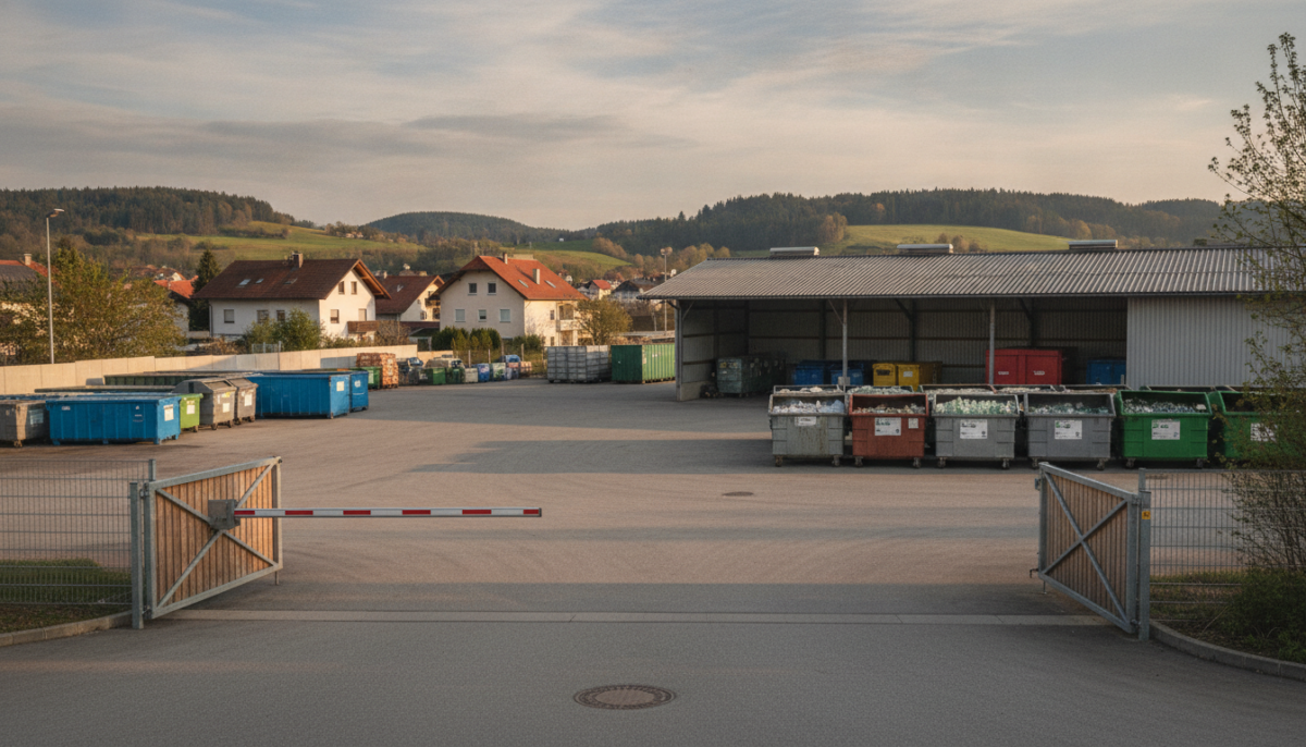 Kommunaler Wertstoffhof mit Zufahrtsschranke und Containern