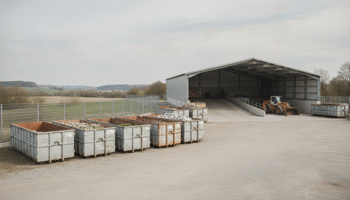 Kommunales Abfallwirtschaftszentrum mit Containern