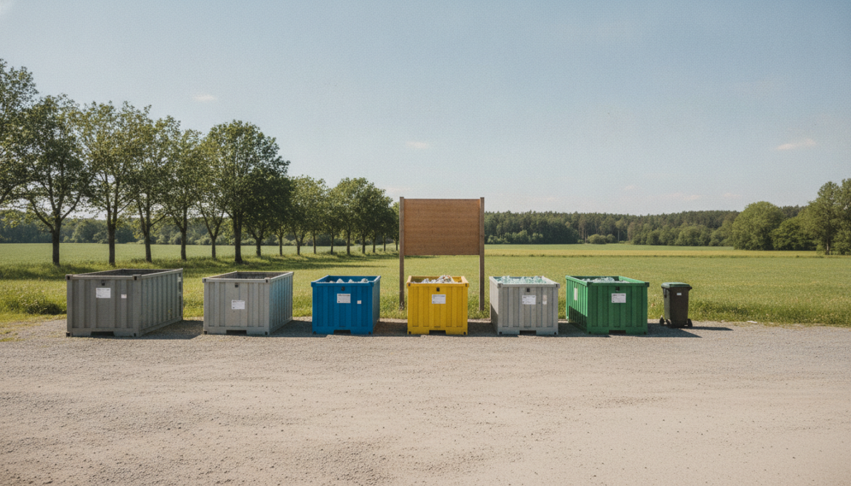 Kommunales Wertstoffzentrum mit Containern und Schild