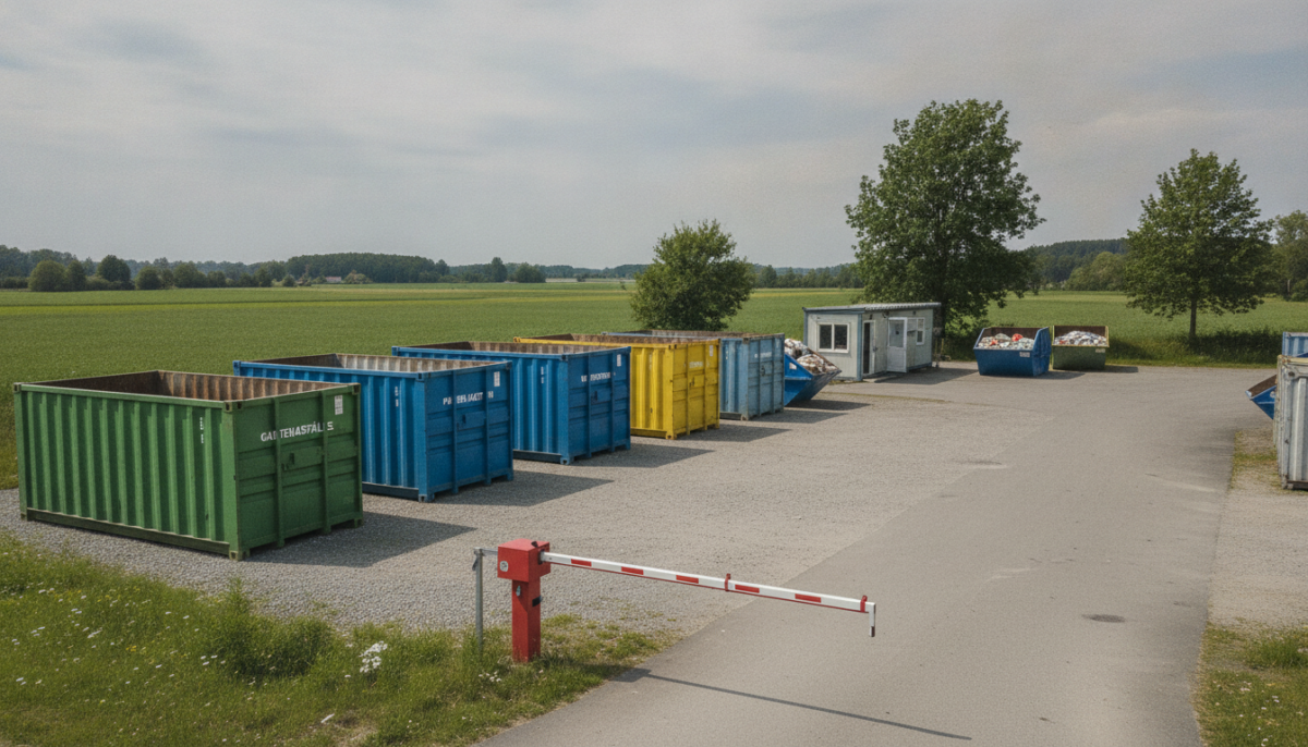 Kommunales Wertstoffzentrum mit Containern und Schranke
