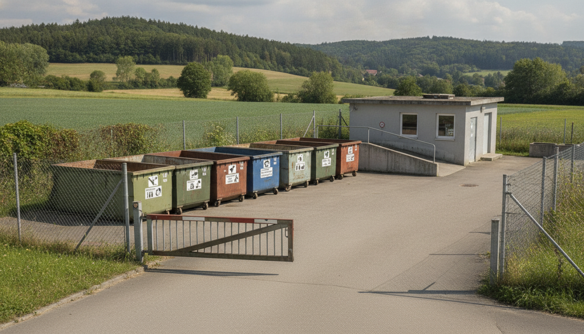 Kommunales Wertstoffzentrum mit Containern und Schranke