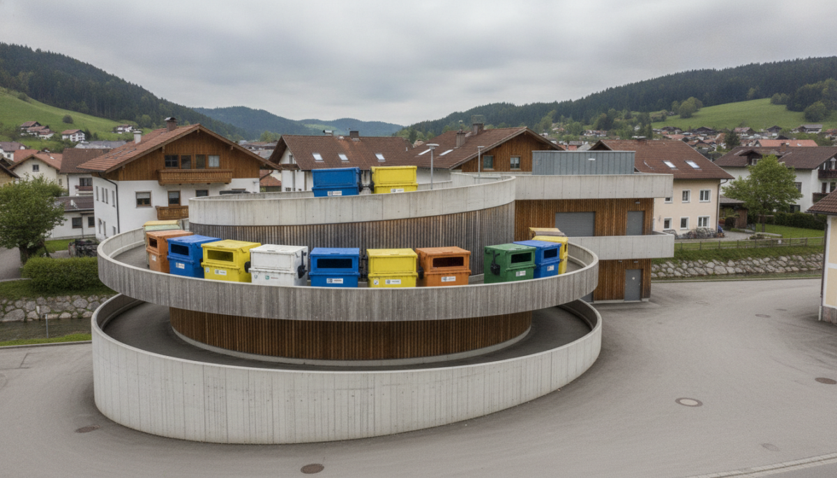 Mehrstoeckige Wertstoffsammelstelle mit Rampe und Containern