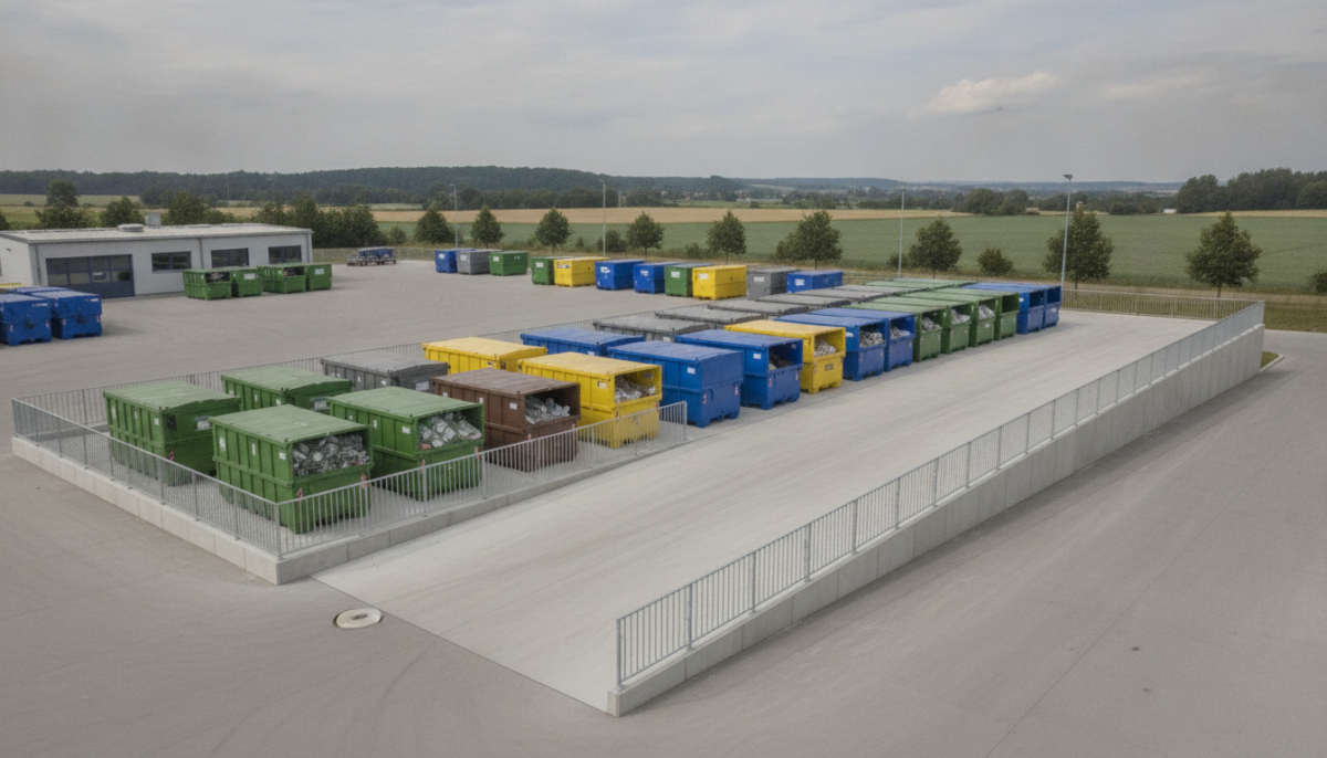 Moderner grosser Wertstoffhof mit Rampe und Containern