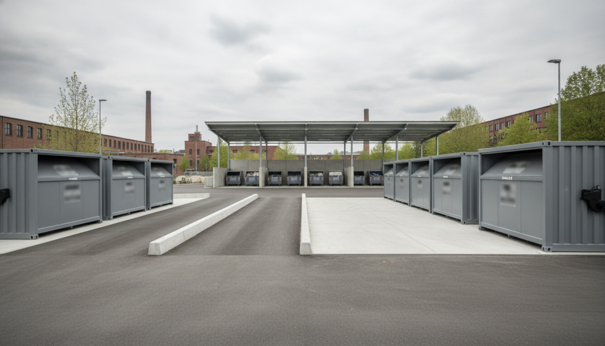 Moderner Wertstoffhof mit zweispuriger Zufahrt und Containern