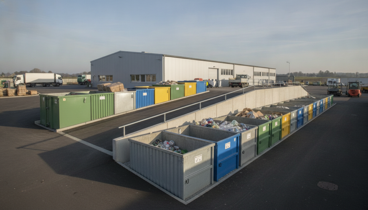 Modernisierter Wertstoffhof mit Rampe und Sammelcontainern