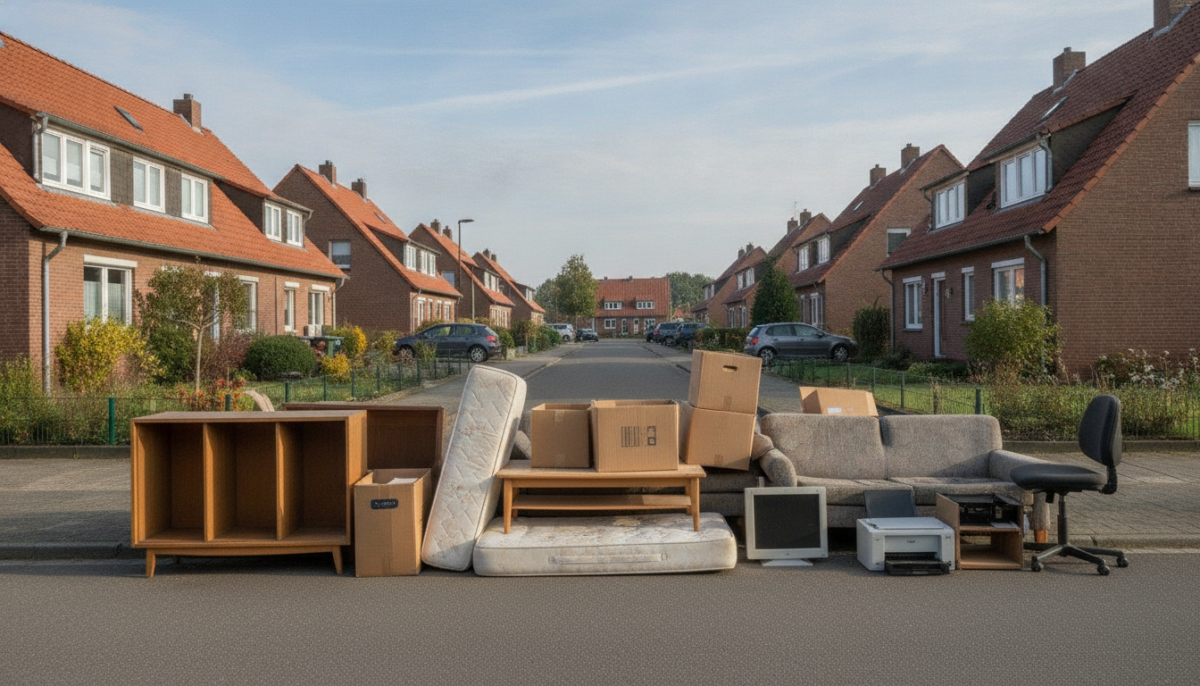 Ordentlich gestapelter Sperrmuell am Strassenrand