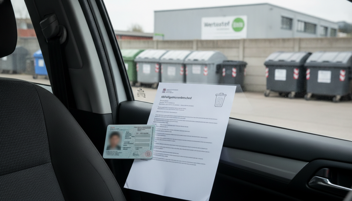 Ausweis und Gebuehrenbescheid auf dem Beifahrersitz vor einem Wertstoffhof