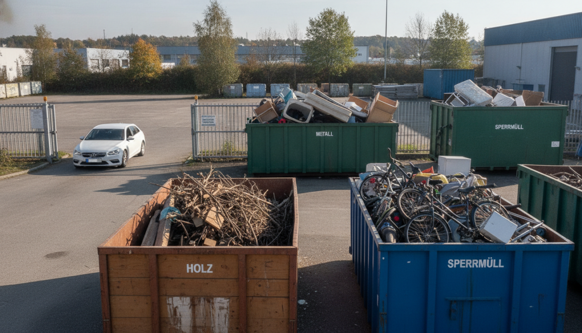 Recyclinghof mit getrennten Sammelcontainern und wartendem Auto an der Einfahrt