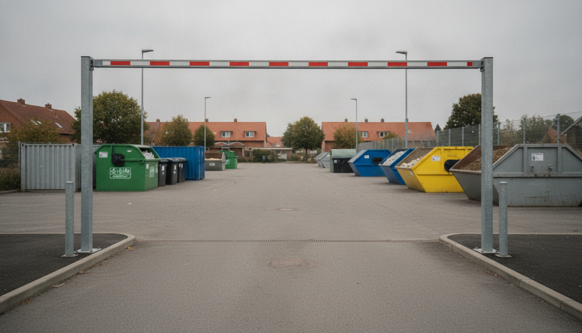 Recyclinghof mit Hoehenbegrenzung an der Einfahrt