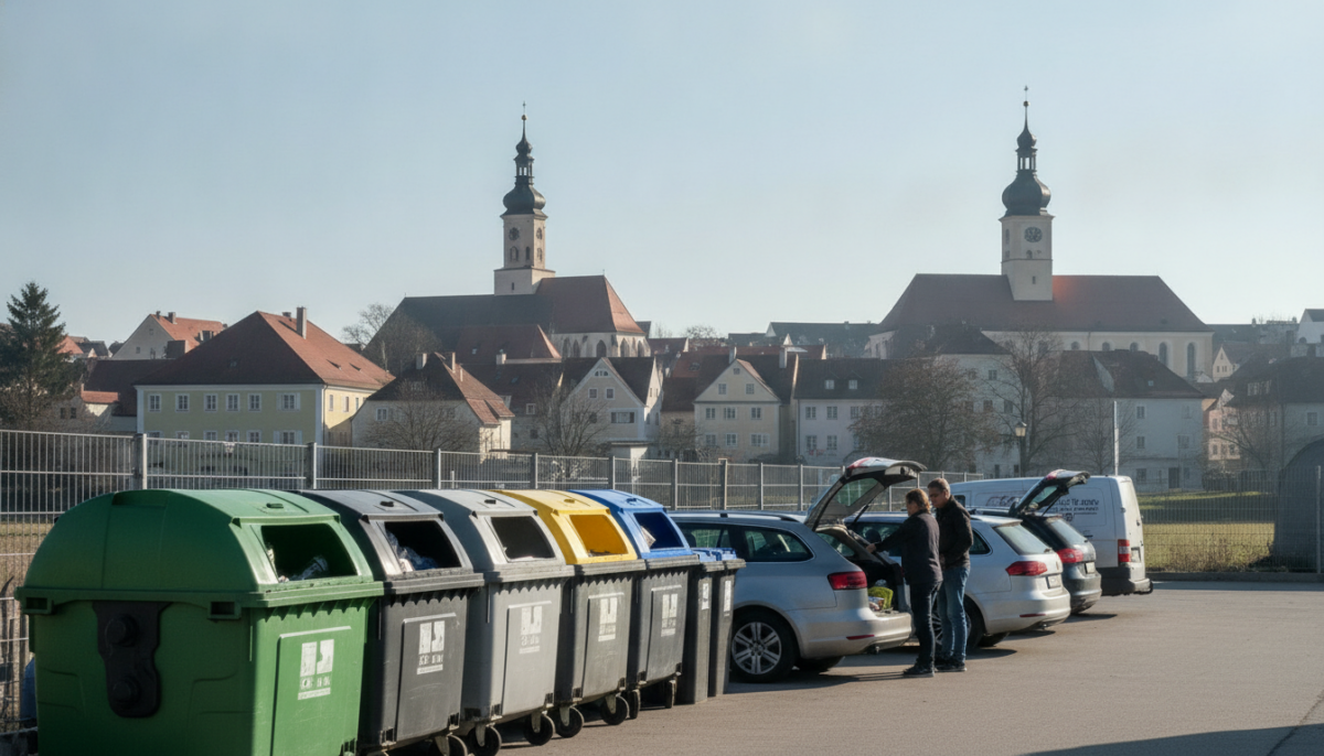 Recyclinghof mit Sammelcontainern und anliefernden Autos