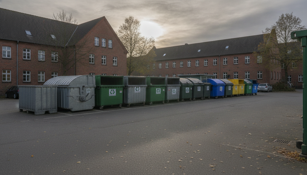 Recyclinghof mit Sammelcontainern am spaeten Nachmittag