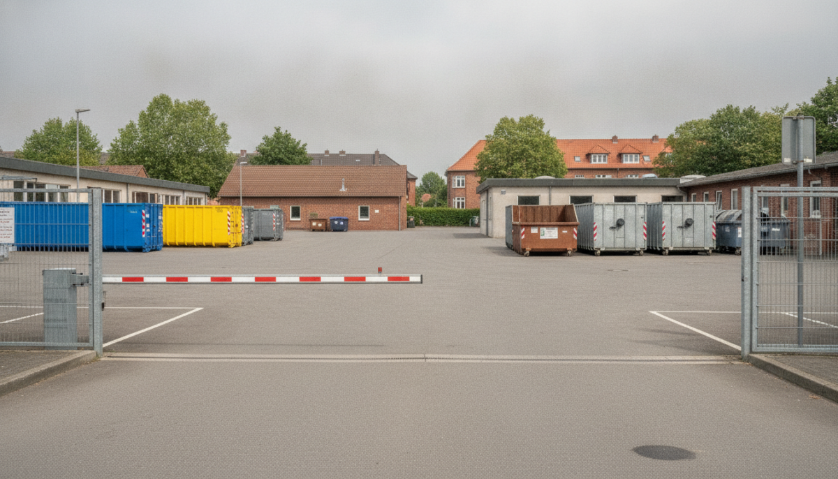 Recyclinghof mit Sammelcontainern und Einfahrtsschranke