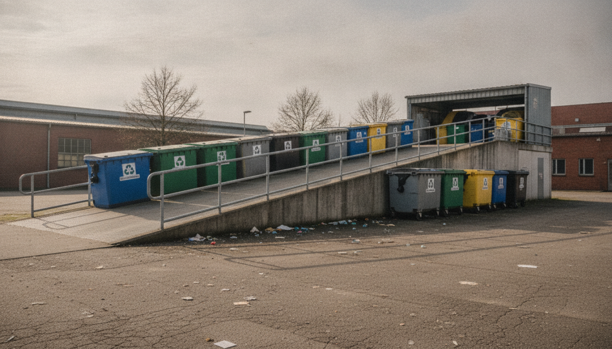 Recyclinghof mit Sammelcontainern und Rampe