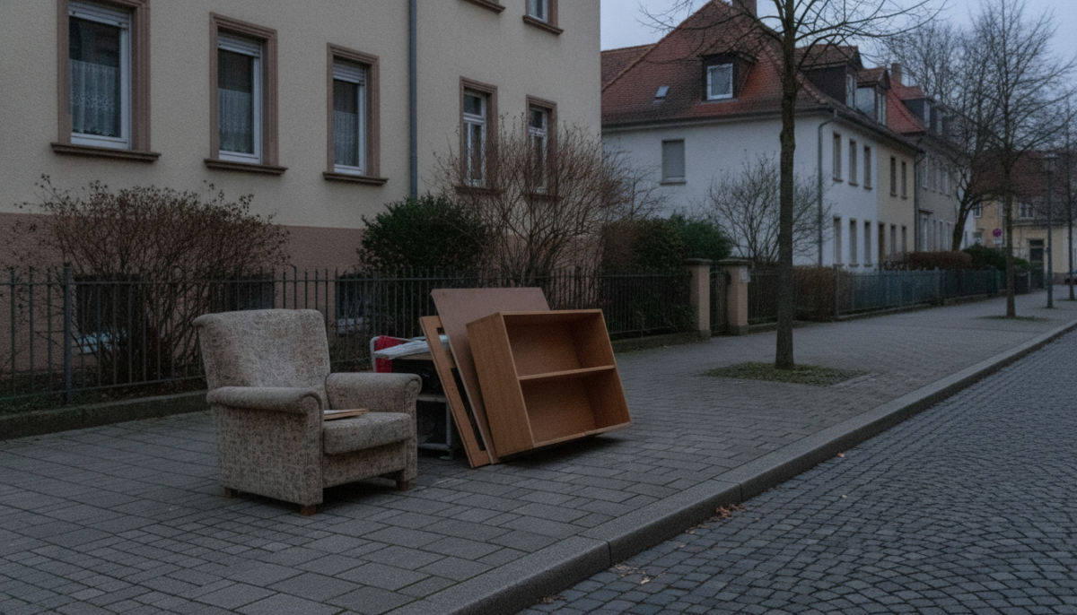Am Abend bereitgestelltes Sperrgut vor Altbauten