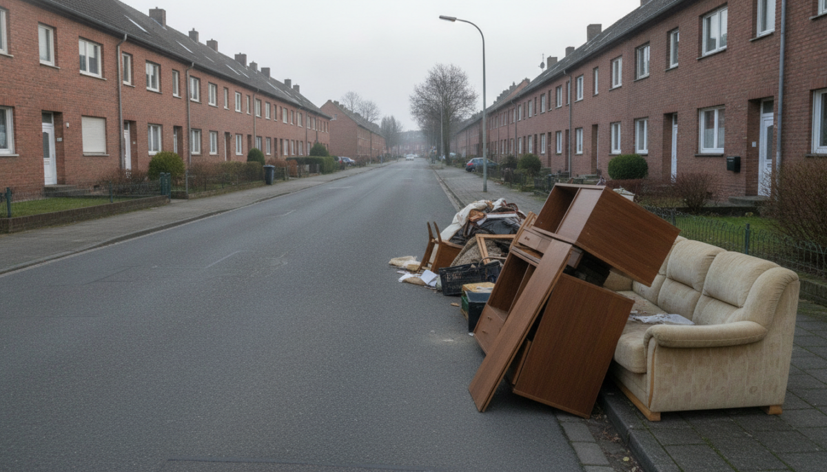 Sperrmuell am Fahrbahnrand einer Ruhrgebiets-Wohnstrasse