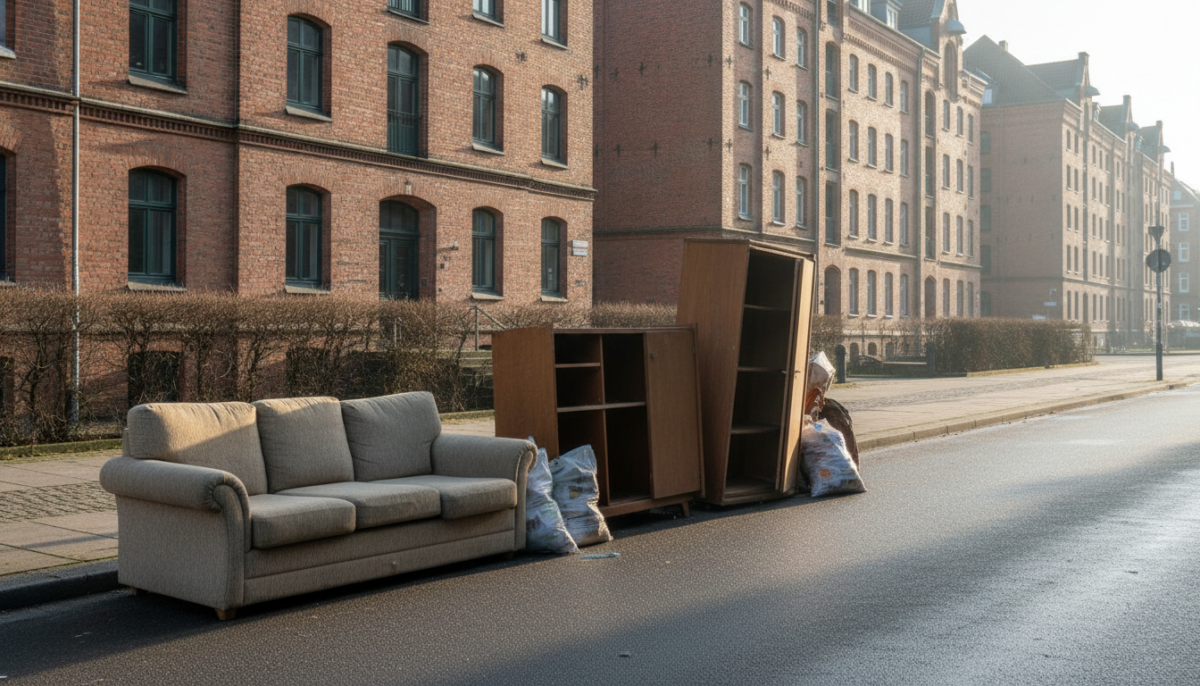 Sperrmuell am Strassenrand einer norddeutschen Hafenstadt