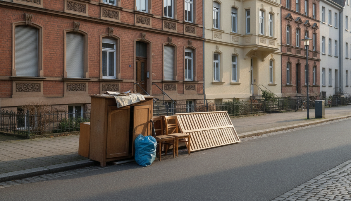 Sperrmuell am Strassenrand vor Altbauten