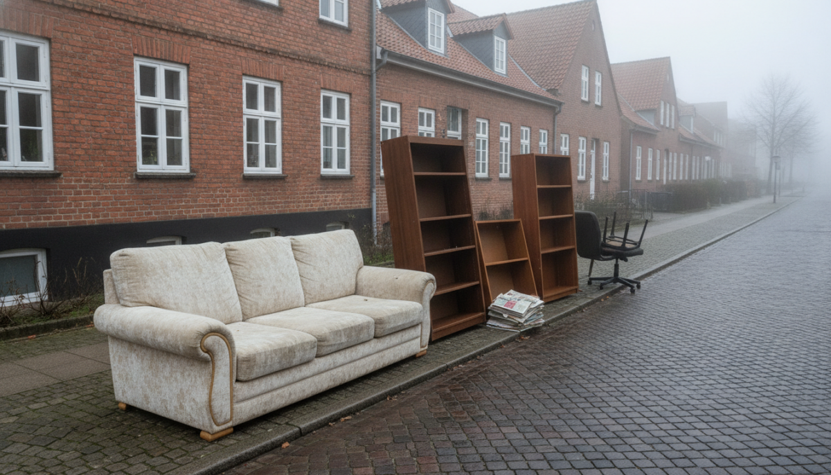 Bereitgestellter Sperrmuell vor Backsteinhaeusern einer norddeutschen Altstadt