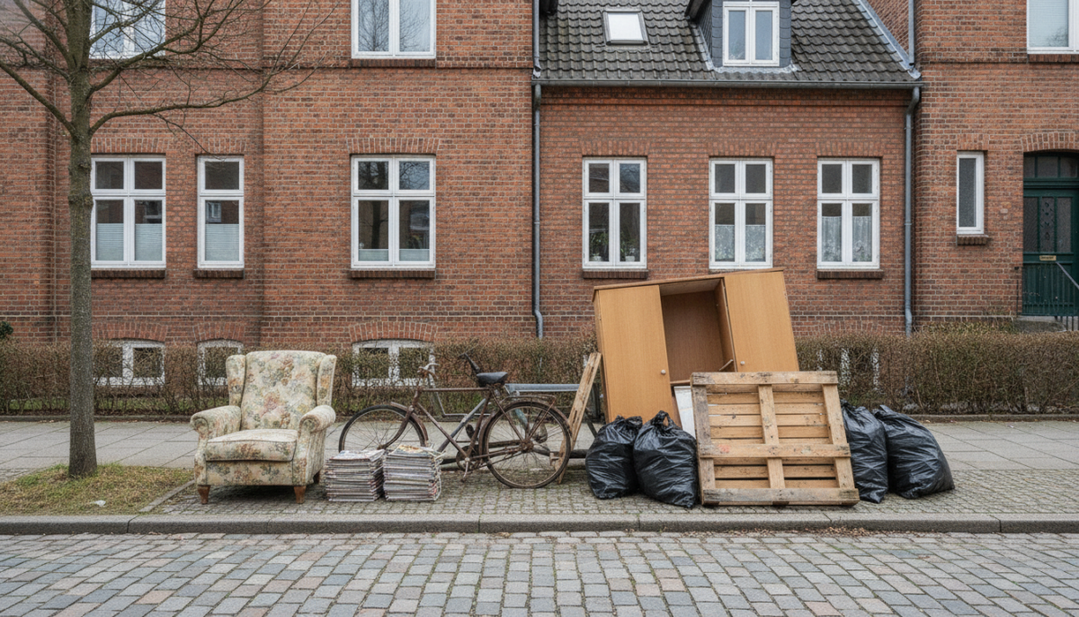 Sperrmuell am Strassenrand vor Backsteinhaeusern
