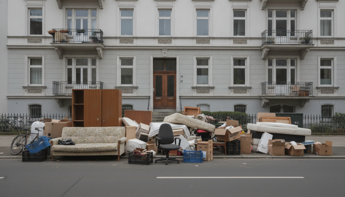 Sperrmuell am Strassenrand vor Gruenderzeithaeusern