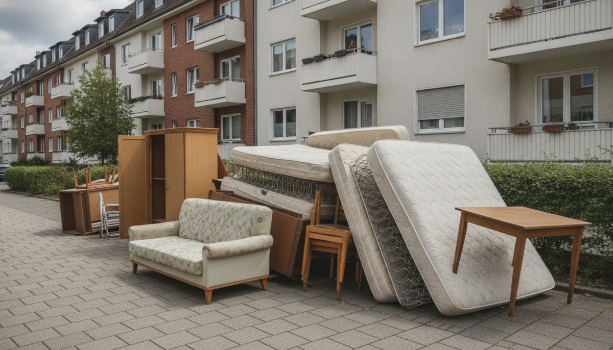 Sperrmuell am Gehweg vor Mehrfamilienhaeusern