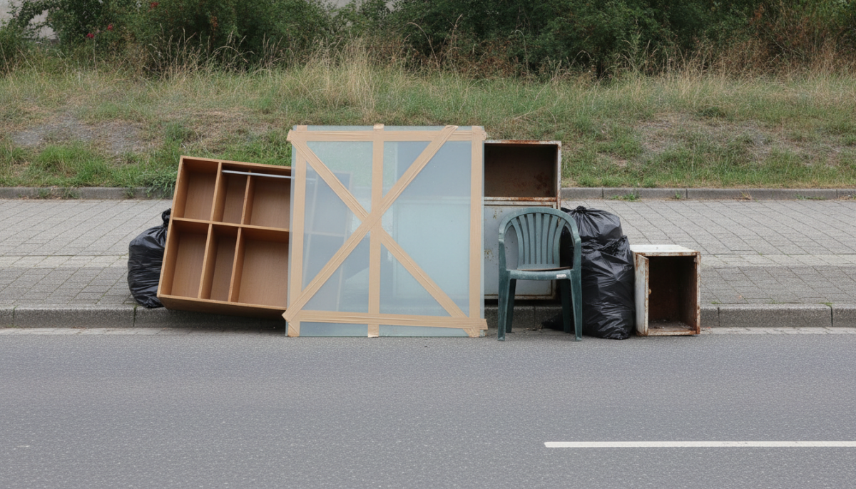 Sperrmuell mit gesicherter Glasplatte