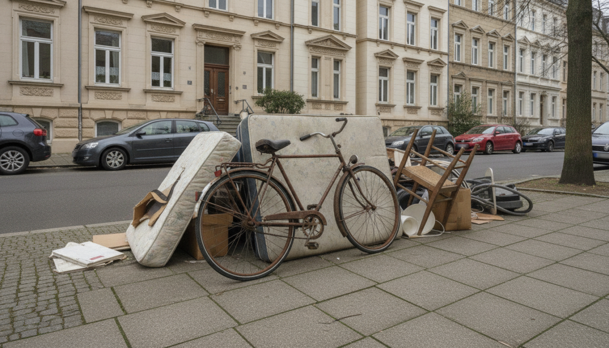 Sperrmuell mit Fahrrad am Gehweg