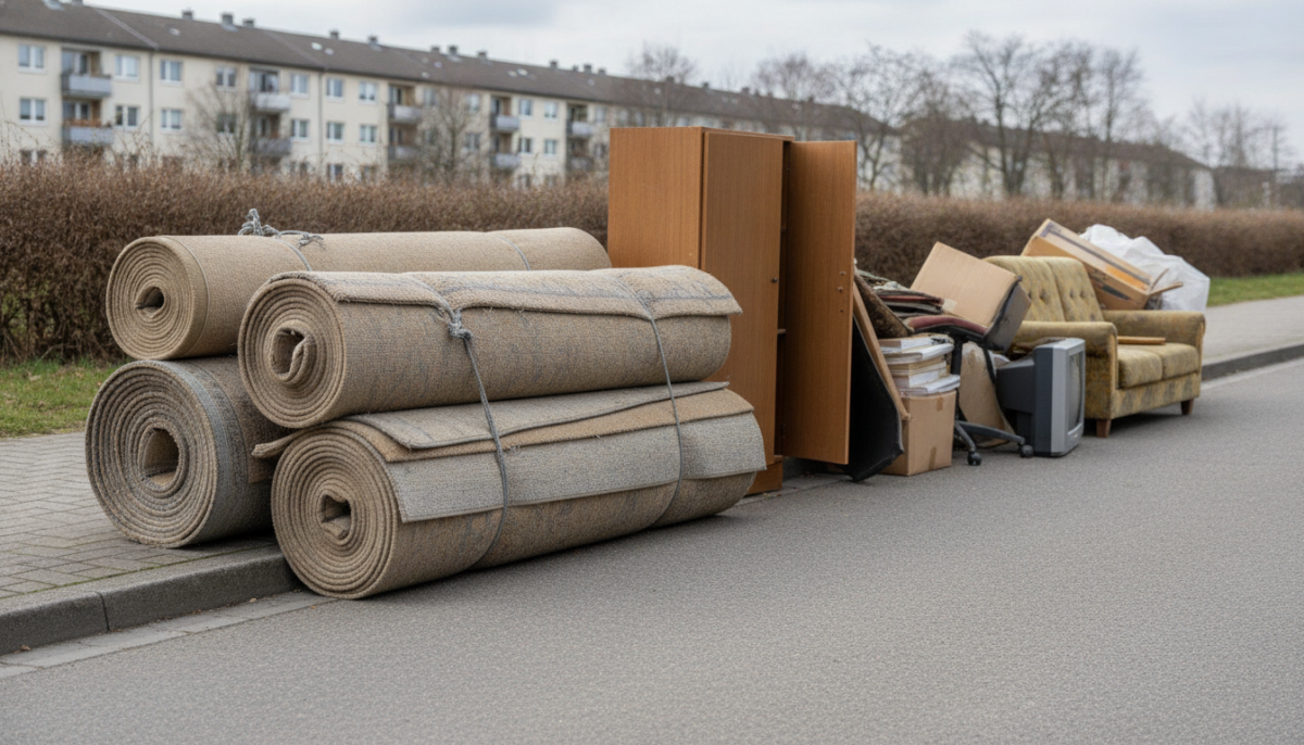 Sperrmuell mit gebuendelten Teppichen